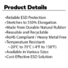 Bullet points showing Malaster ESD Rubber Bands product details: Reliable ESD Protection, Stretches to 550% Elongation, Made from Durable Natural Rubber, Reusable and Recyclable, RoHS Compliant / Heavy Metal Free