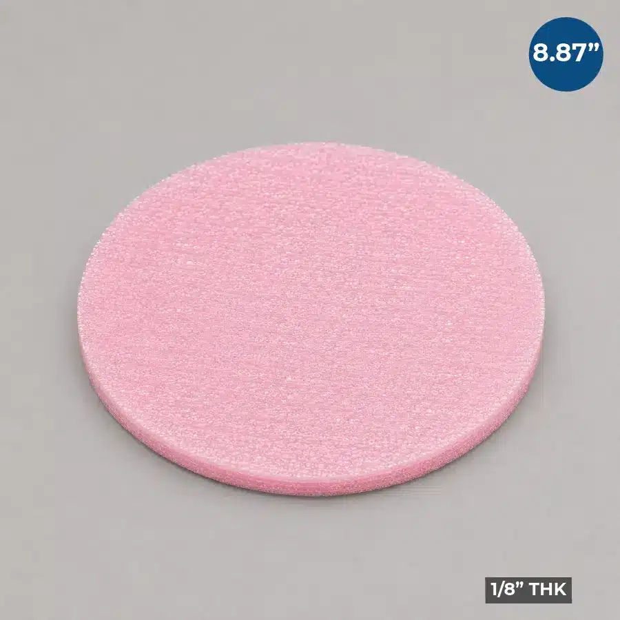 8.875-inch Firm Wafer Cushion Foam Disc manufactured from pink closed-cell antistatic foam for semiconductor wafer packaging