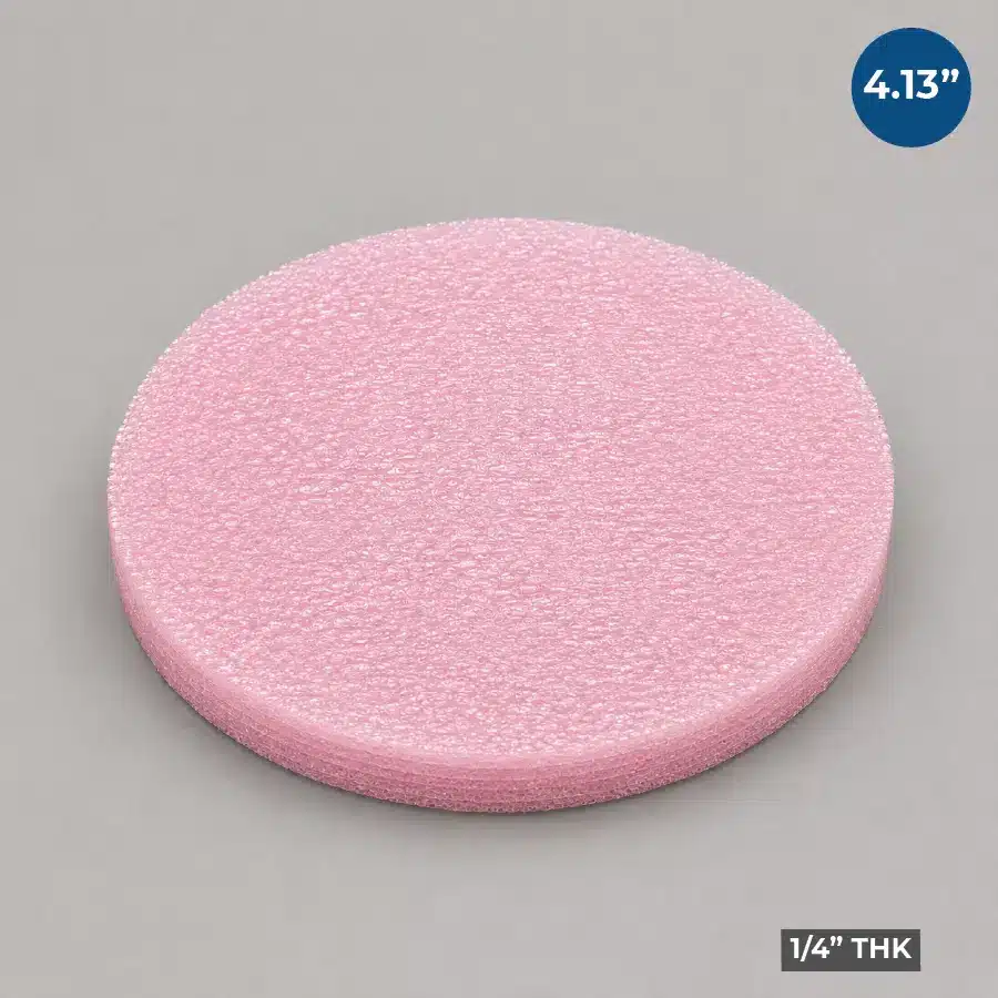 4.125-inch Firm Wafer Cushion Foam Disc manufactured from pink closed-cell antistatic foam for semiconductor wafer packaging