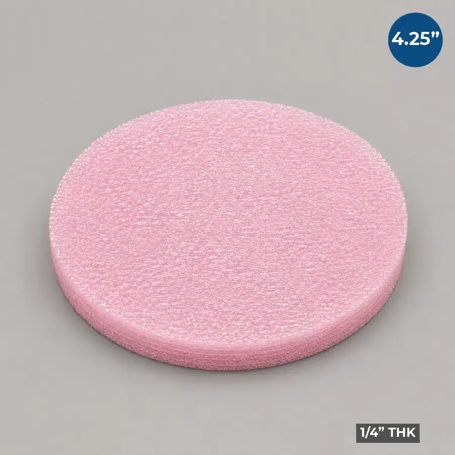 4.25-inch Firm Wafer Cushion Foam Disc manufactured from pink closed-cell antistatic foam for semiconductor wafer packaging