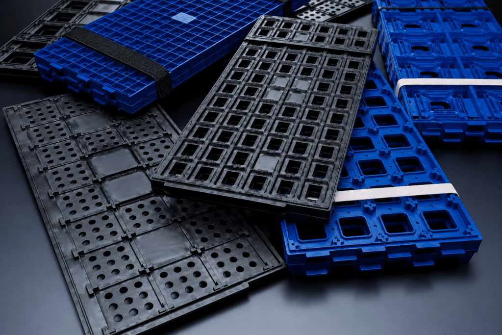 Stacked JEDEC trays and semiconductor packaging trays with ESD-safe tray strap solutions for IC handling and electronics protection.