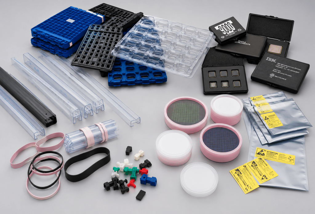 ESD packaging products including JEDEC trays, IC shipping tubes, conductive storage boxes, wafer packaging, ESD bags, and custom semiconductor packaging solutions