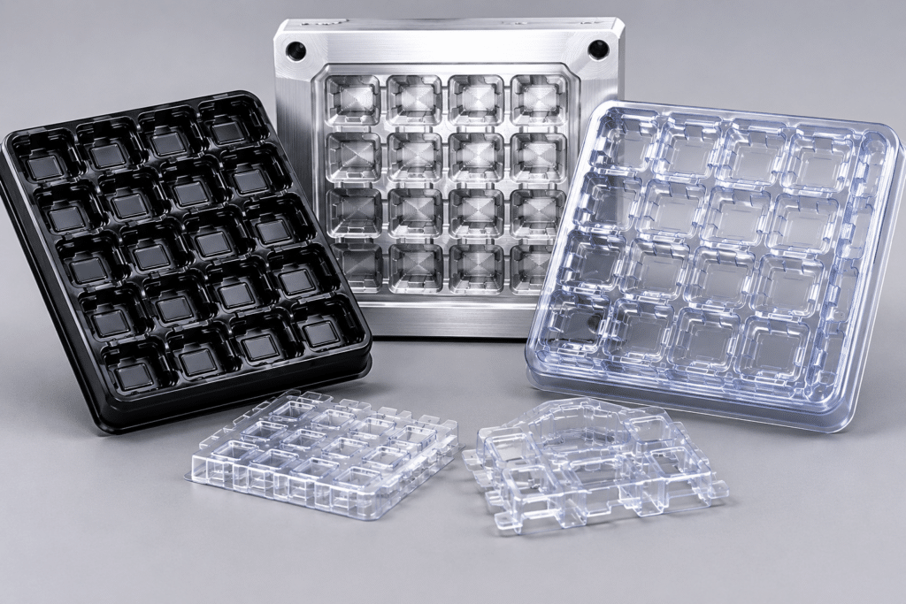 Custom ESD packaging solutions including thermoformed trays, IC shipping tubes, wafer packaging, conductive boxes, and engineered semiconductor packaging