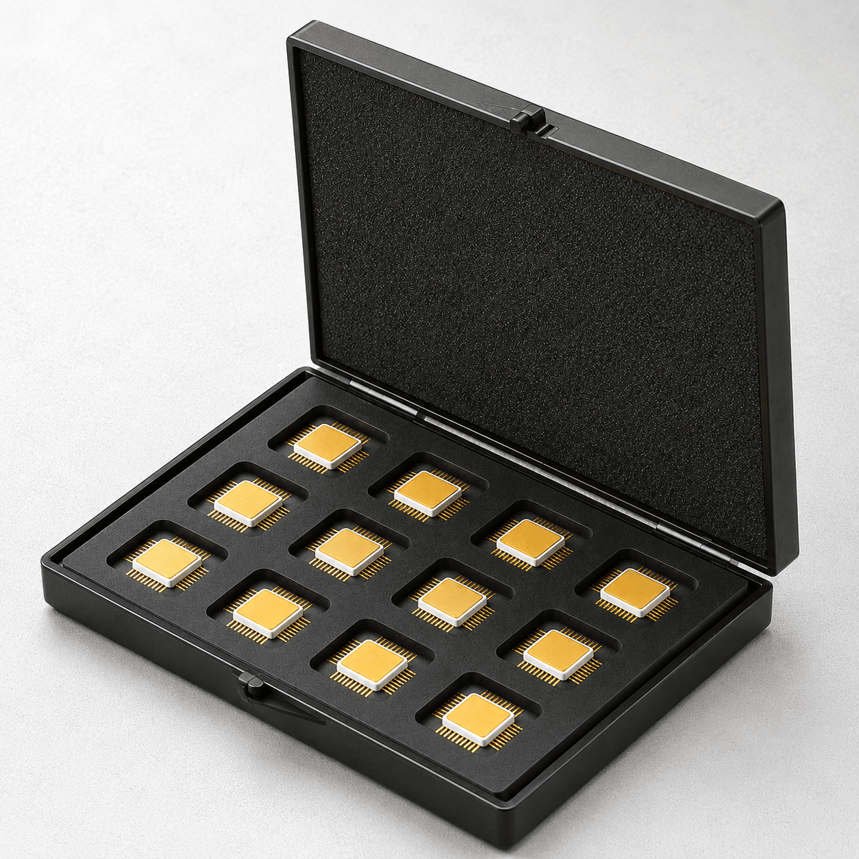 Open conductive device case with semiconductor device and fitted foam insert