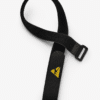 Black ESD Velcro strap with plastic buckle and yellow ESD protective symbol for securing IC tubes, JEDEC trays, wafer carriers, and other static-sensitive packaging.