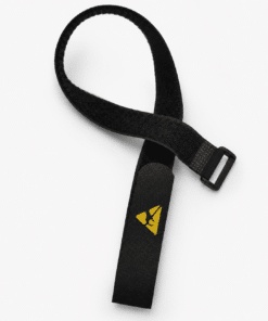 Black ESD Velcro strap with plastic buckle and yellow ESD protective symbol for securing IC tubes, JEDEC trays, wafer carriers, and other static-sensitive packaging.