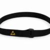 Black ESD Velcro strap shown fastened in a loop with a plastic buckle and yellow ESD protective symbol for securing IC tubes, wafer carriers, JEDEC trays, and other static-sensitive packaging.