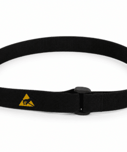 Black ESD Velcro strap shown fastened in a loop with a plastic buckle and yellow ESD protective symbol for securing IC tubes, wafer carriers, JEDEC trays, and other static-sensitive packaging.