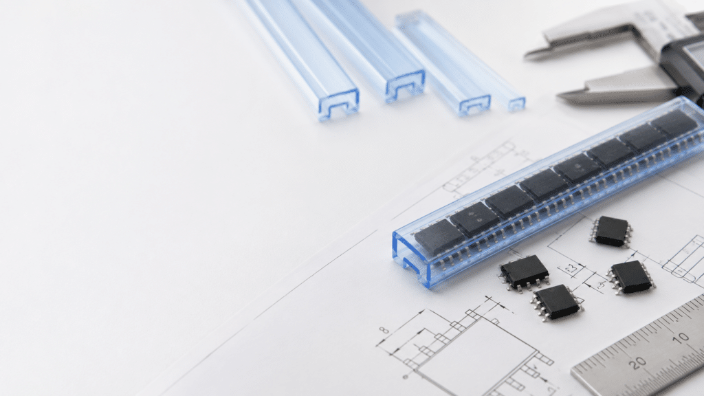 MC-150SOIC/AS antistatic IC shipping tube with SOIC-8 devices and a mechanical drawing