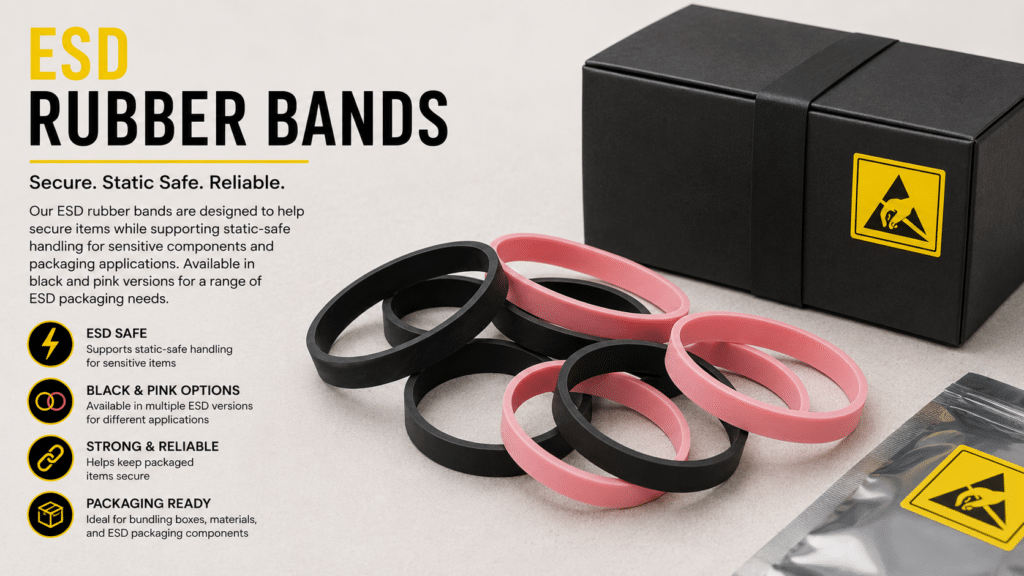 Black and pink ESD rubber bands displayed beside a black ESD protective box and static-control packaging.