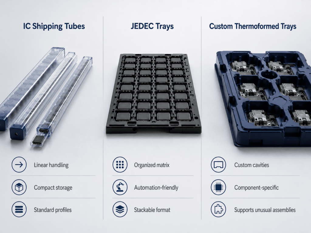 Comparison of IC shipping tubes, JEDEC trays, and custom thermoformed trays