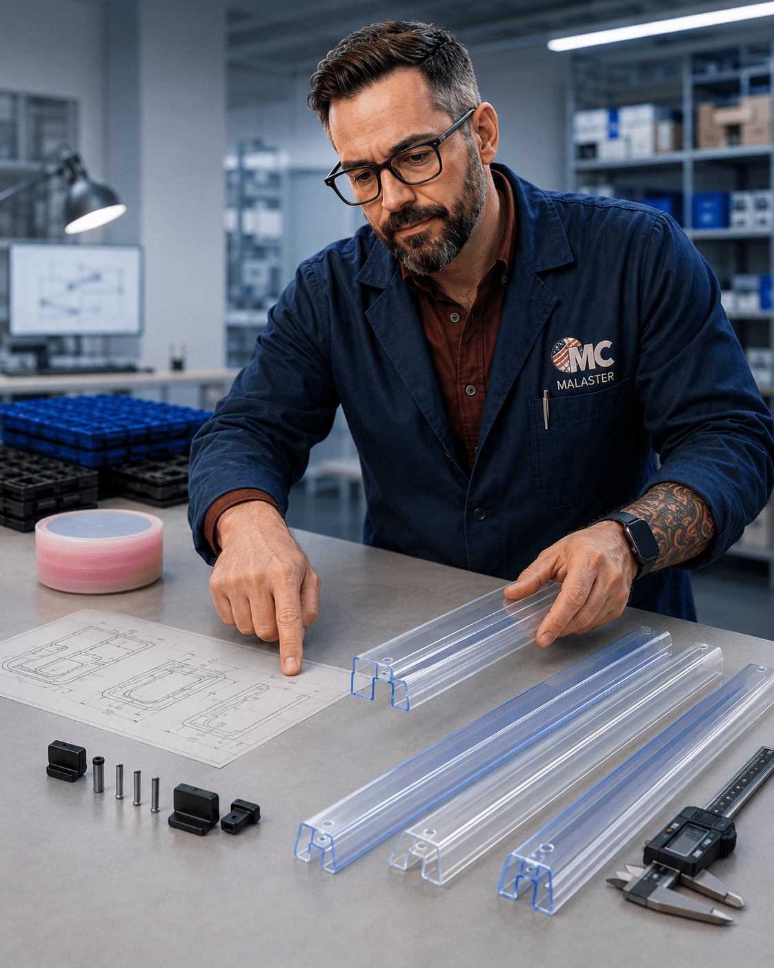 MC reviewing antistatic IC shipping tube profiles, end plugs, pins, and engineering drawings at a technical workbench.