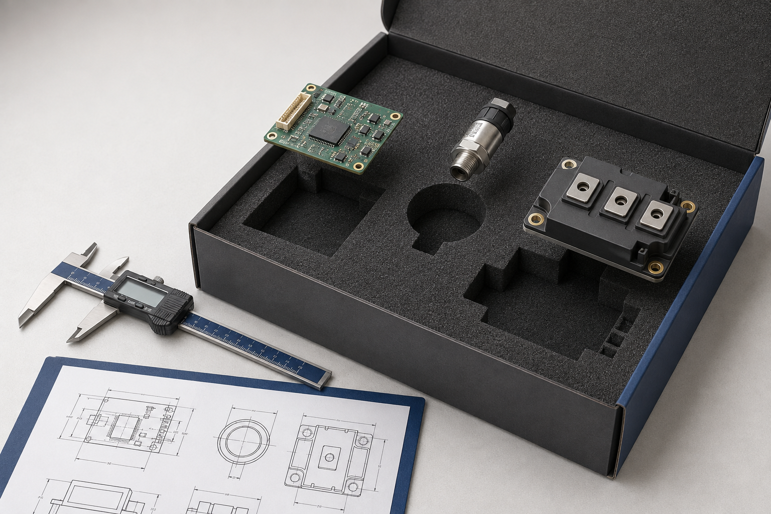 Illustrated custom conductive foam insert specification with matched electronic component cavities, calipers and technical drawings