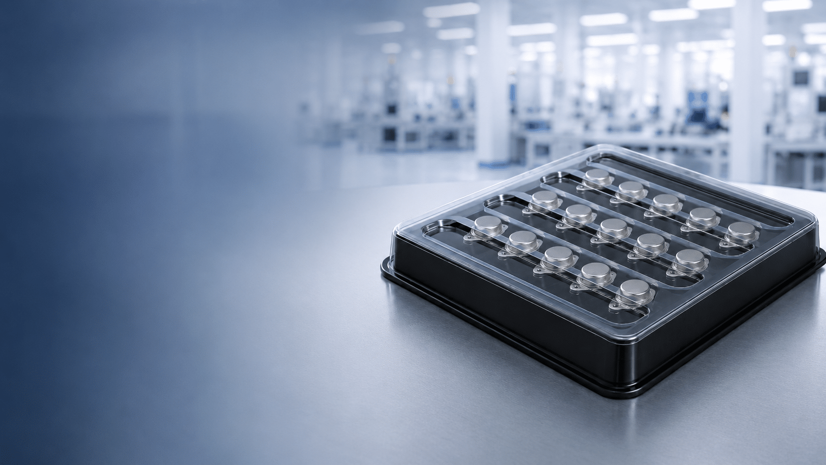 Custom conductive thermoformed ESD tray with clear antistatic lid protecting TO-66 semiconductor devices