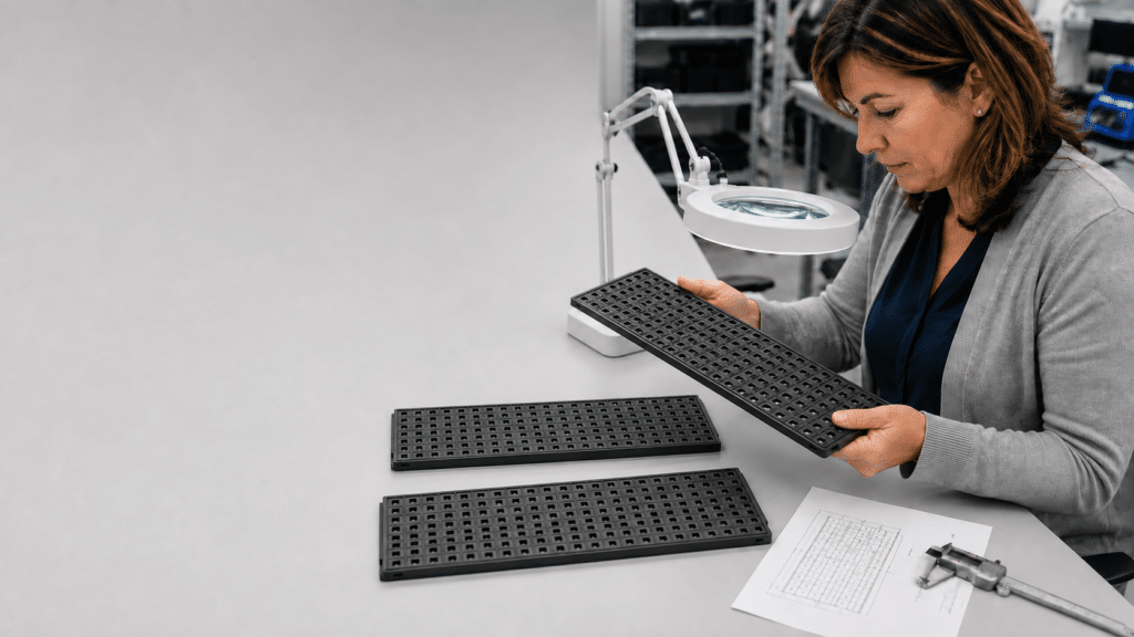 Experienced tray specialist examining a full-size black JEDEC tray at a clean workspace with matching JEDEC trays nearby.