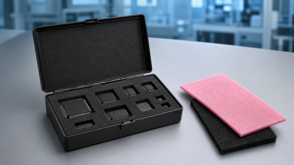 Electronic components secured in a custom conductive foam insert beside pink antistatic and black conductive foam samples