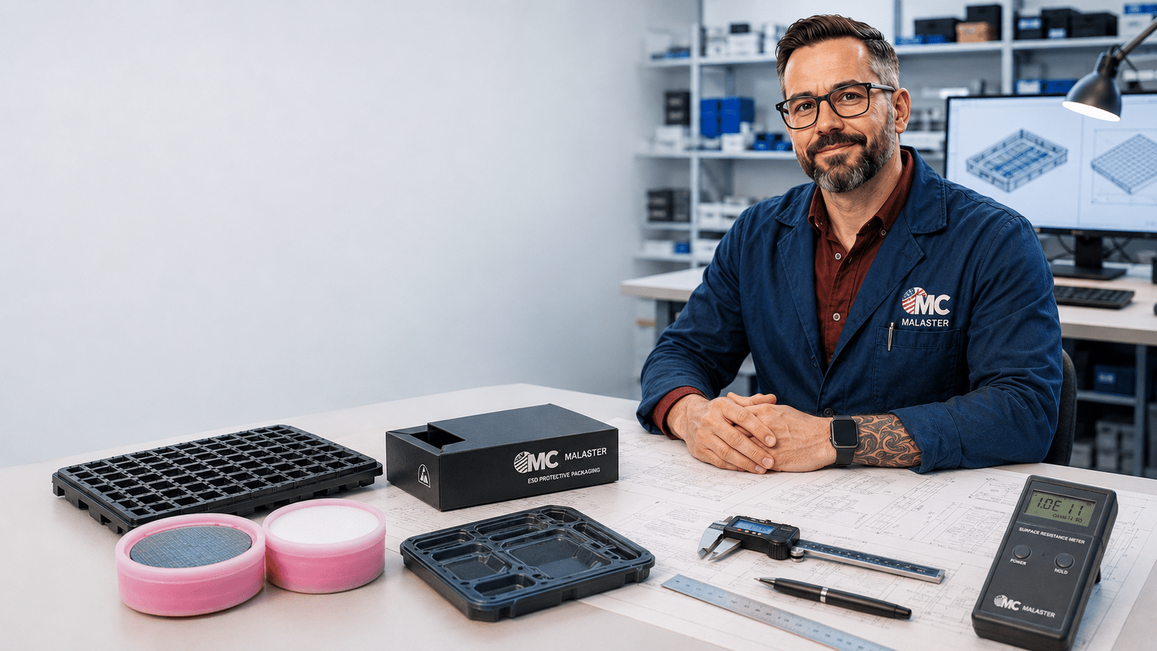 Malaster technical specialist with JEDEC trays, thermoformed packaging, wafer jars, an ESD box, calipers, and a surface resistance meter