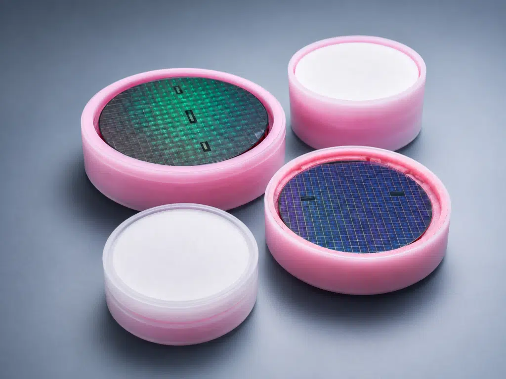 Wafer jars with pink cushions and silicon wafers