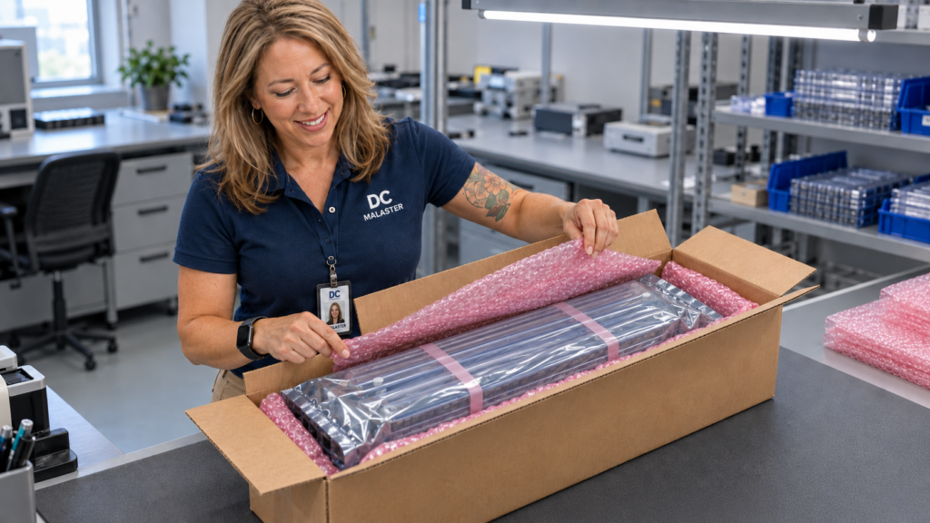 DC inspecting bundled DIP IC tubes for shipping electronic components, enclosed in a shielding bag with pink antistatic bubble cushioning inside a corrugated carton.