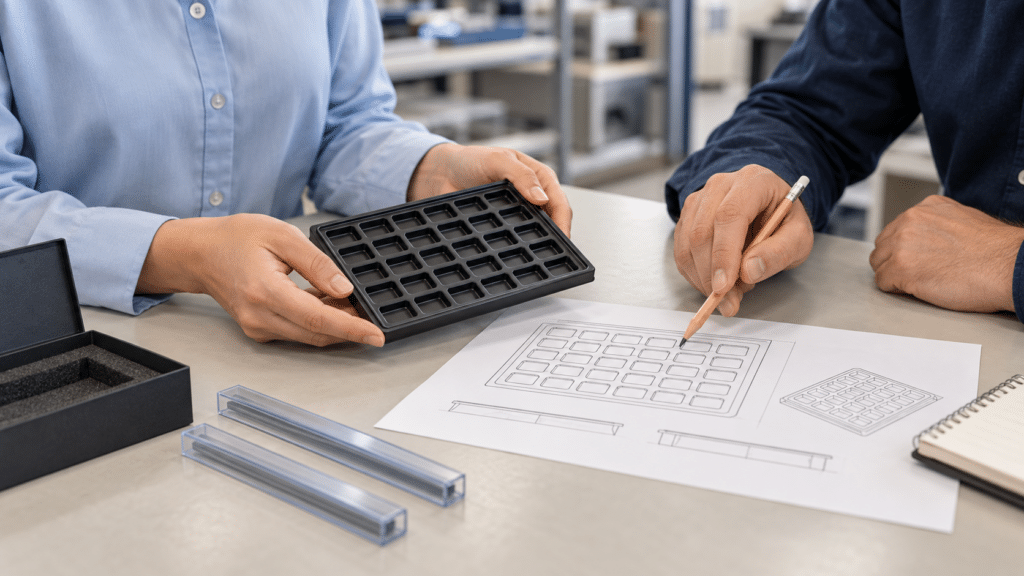 Two people reviewing a black packaging tray and drawing, with IC shipping tube samples and a protective box on the table.