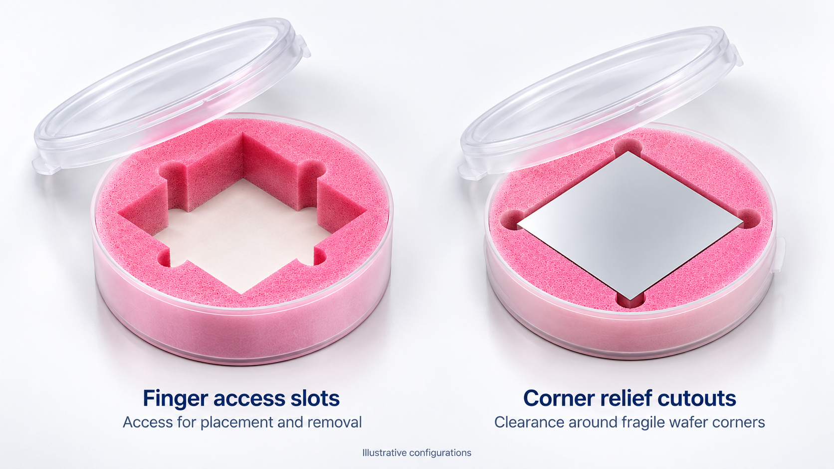 Malaster square wafer jar inserts comparing side-centered finger access slots with corner relief cutouts around a thin wafer.