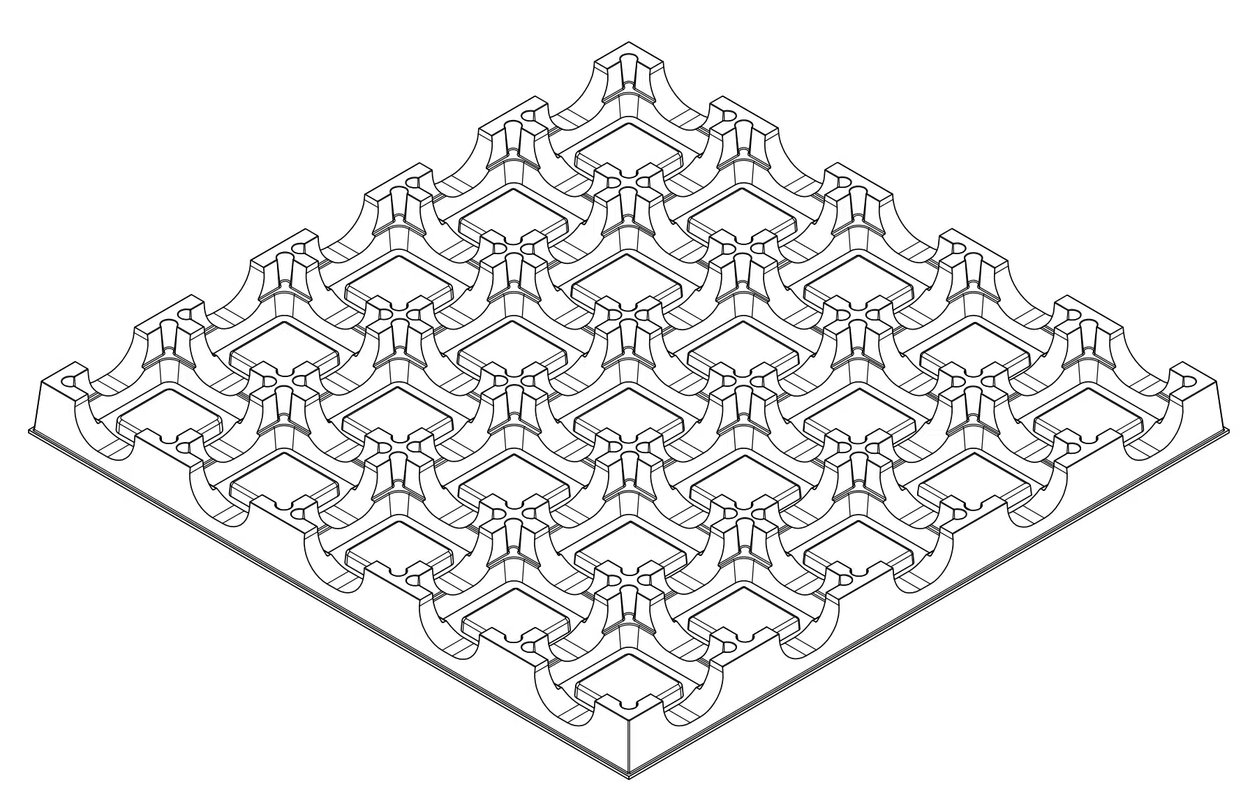 Isometric line drawing of the MC-77002 tray showing 25 cavities in a five-by-five arrangement.
