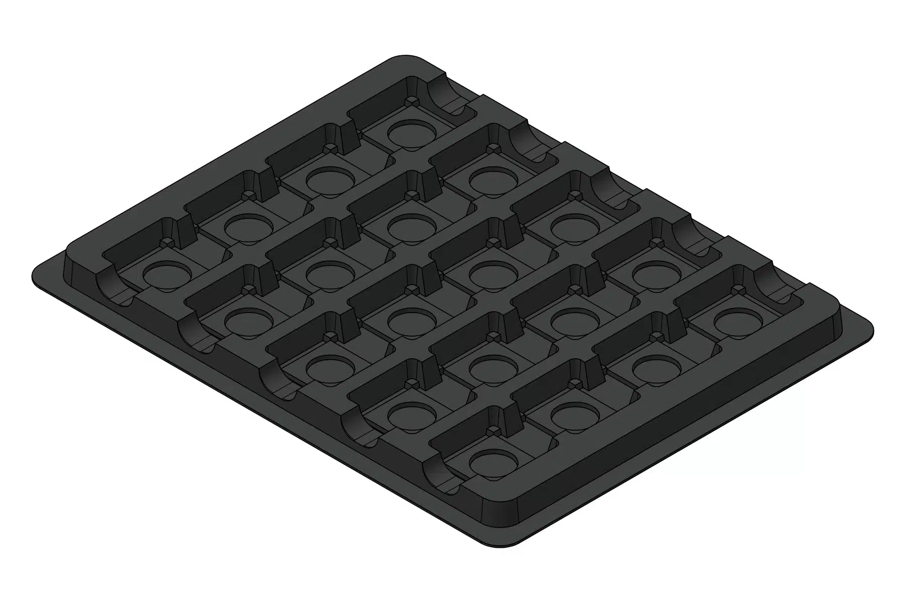 Black rendering of the MC-77012 thermoformed tray showing 20 cavities for 100-lead cqfp.