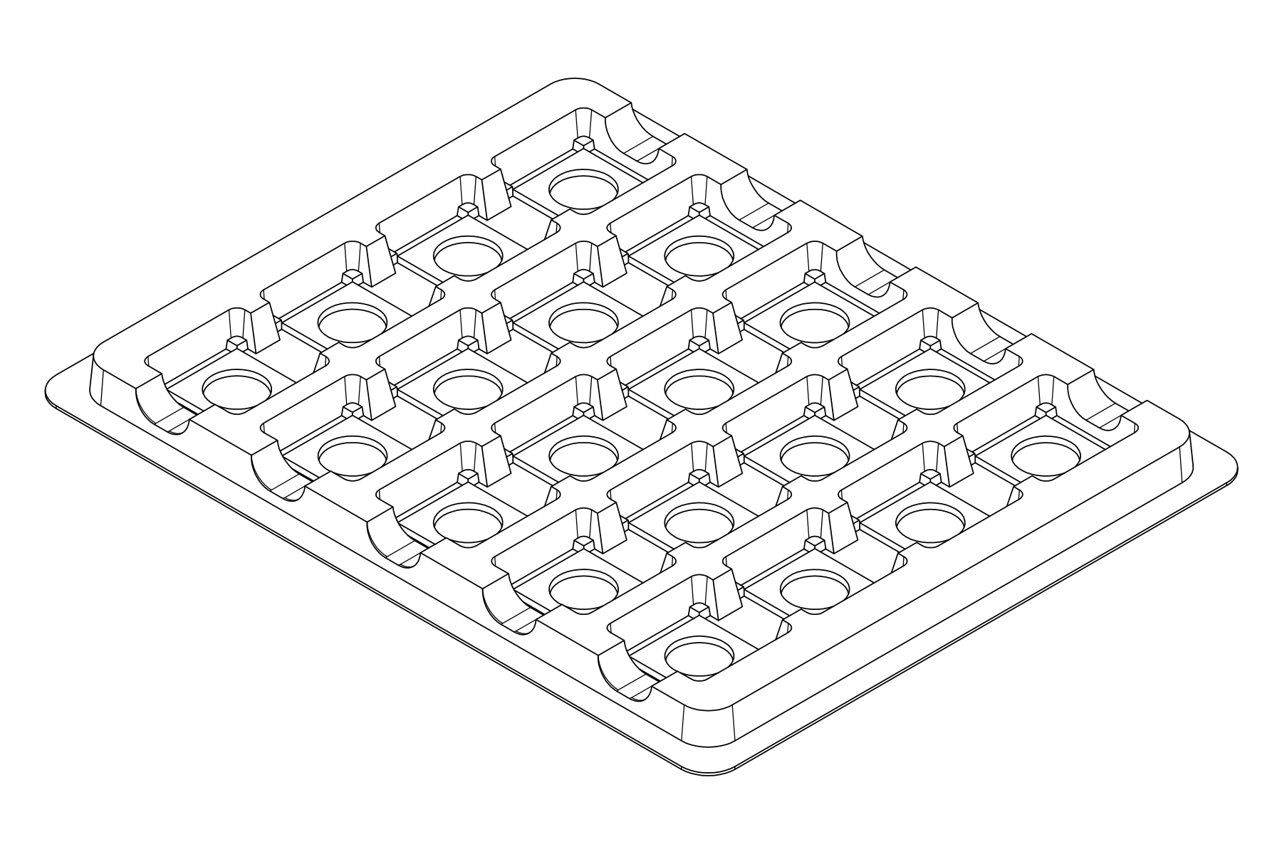 Isometric line drawing of the MC-77012 thermoformed tray showing 20 cavities for 100-lead cqfp.