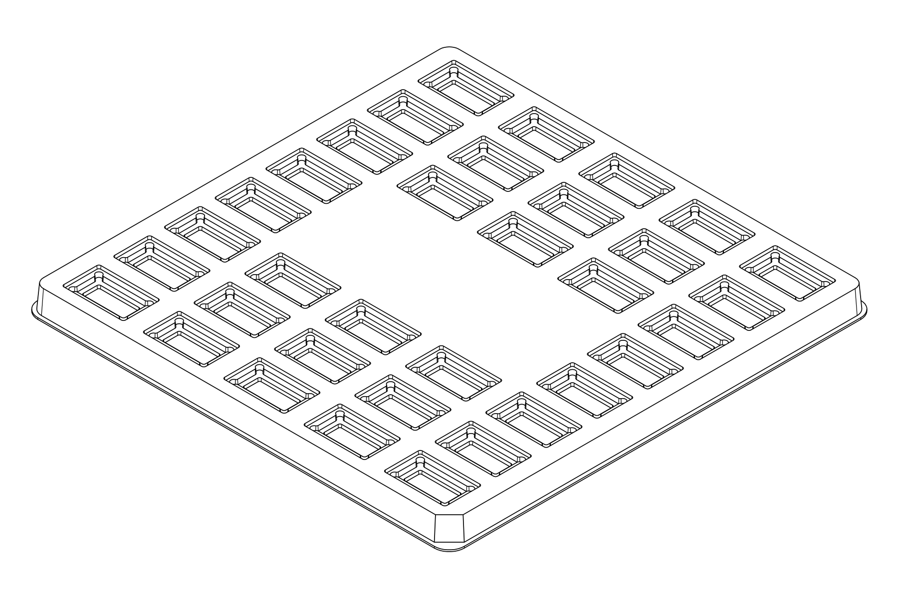 Isometric line drawing of the MC-77034 thermoformed tray showing 34 cavities for 32-lead soj.
