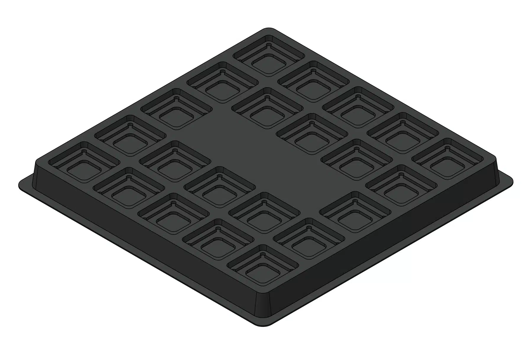 Black rendering of the MC-77038 thermoformed tray showing 22 cavities for square smd components.