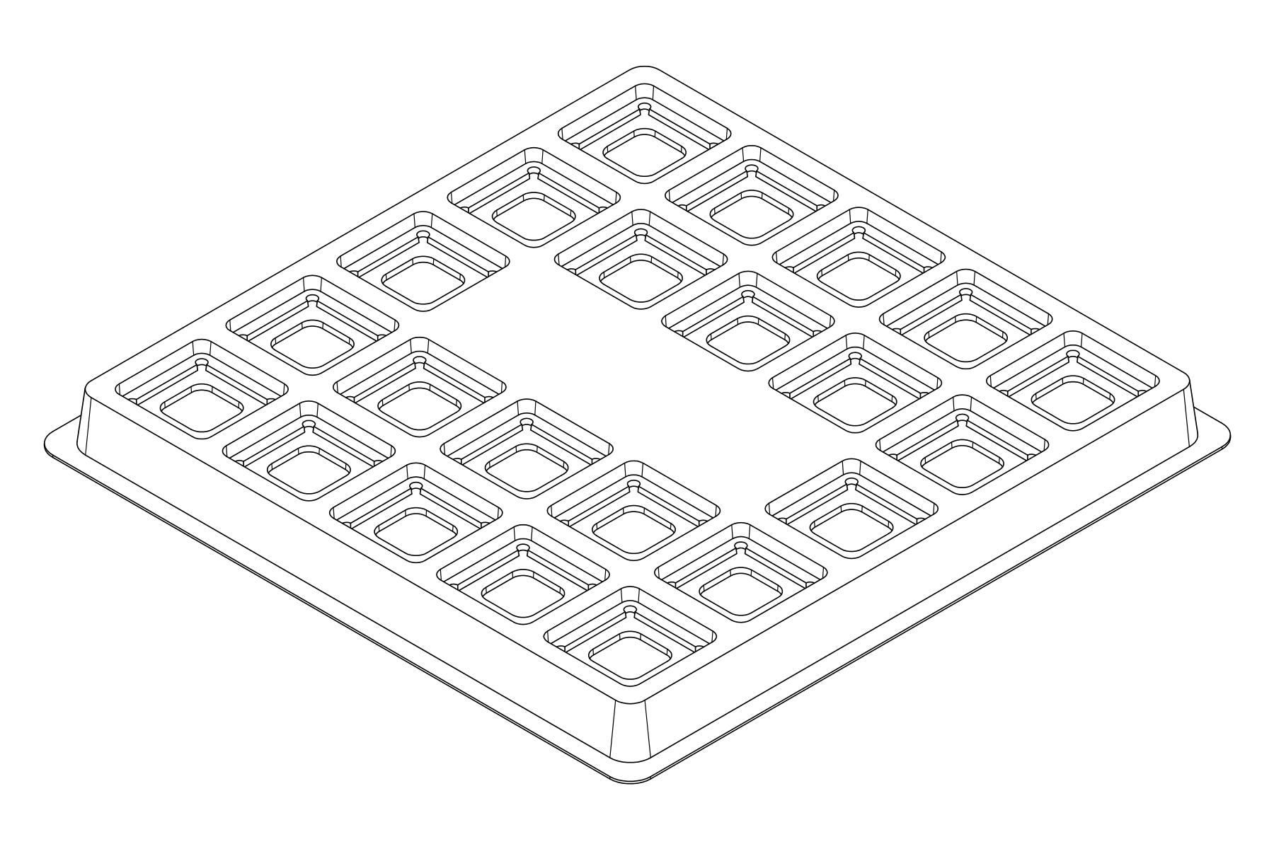 Isometric line drawing of the MC-77038 thermoformed tray showing 22 cavities for square smd components.