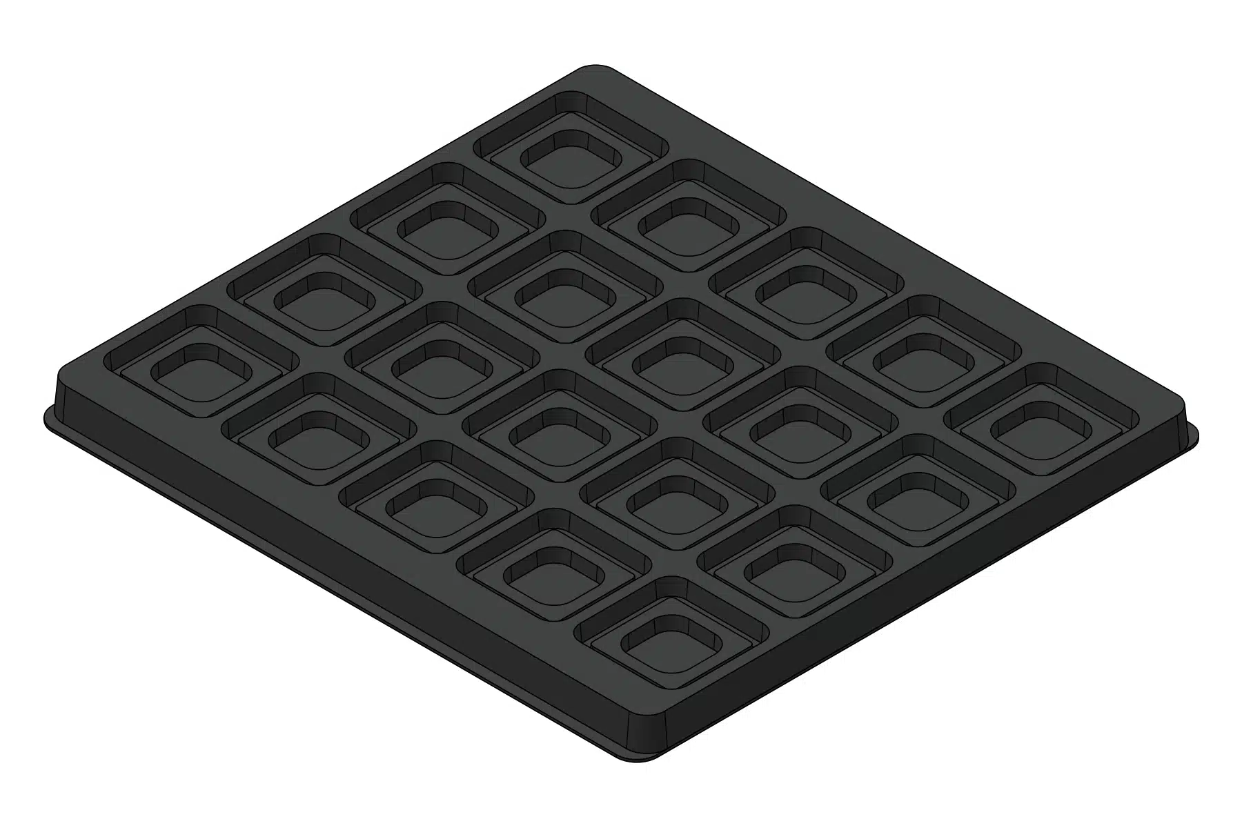 Black rendering of the MC-77062 thermoformed tray showing 20 cavities for 24 mm × 24 mm qfp package reference.