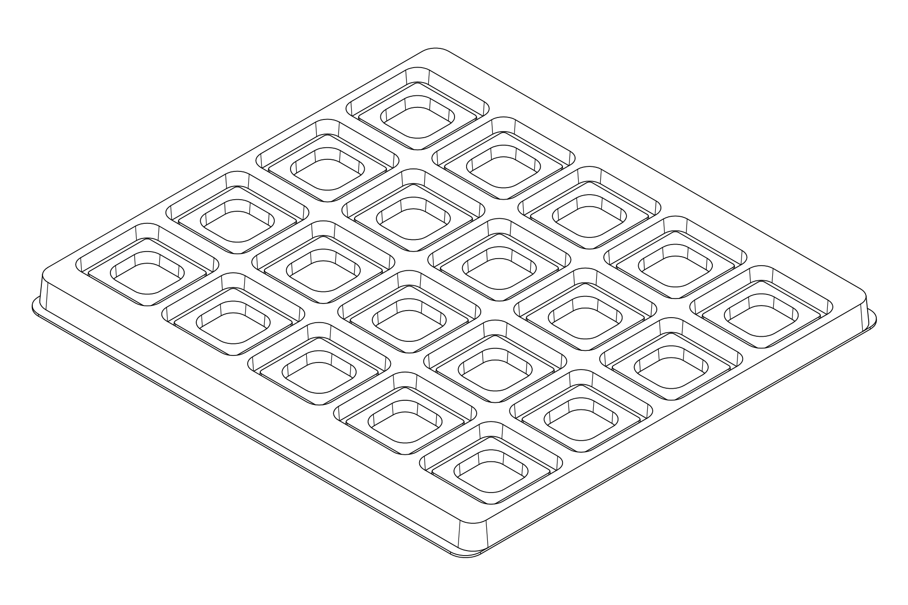 Isometric line drawing of the MC-77062 thermoformed tray showing 20 cavities for 24 mm × 24 mm qfp package reference.