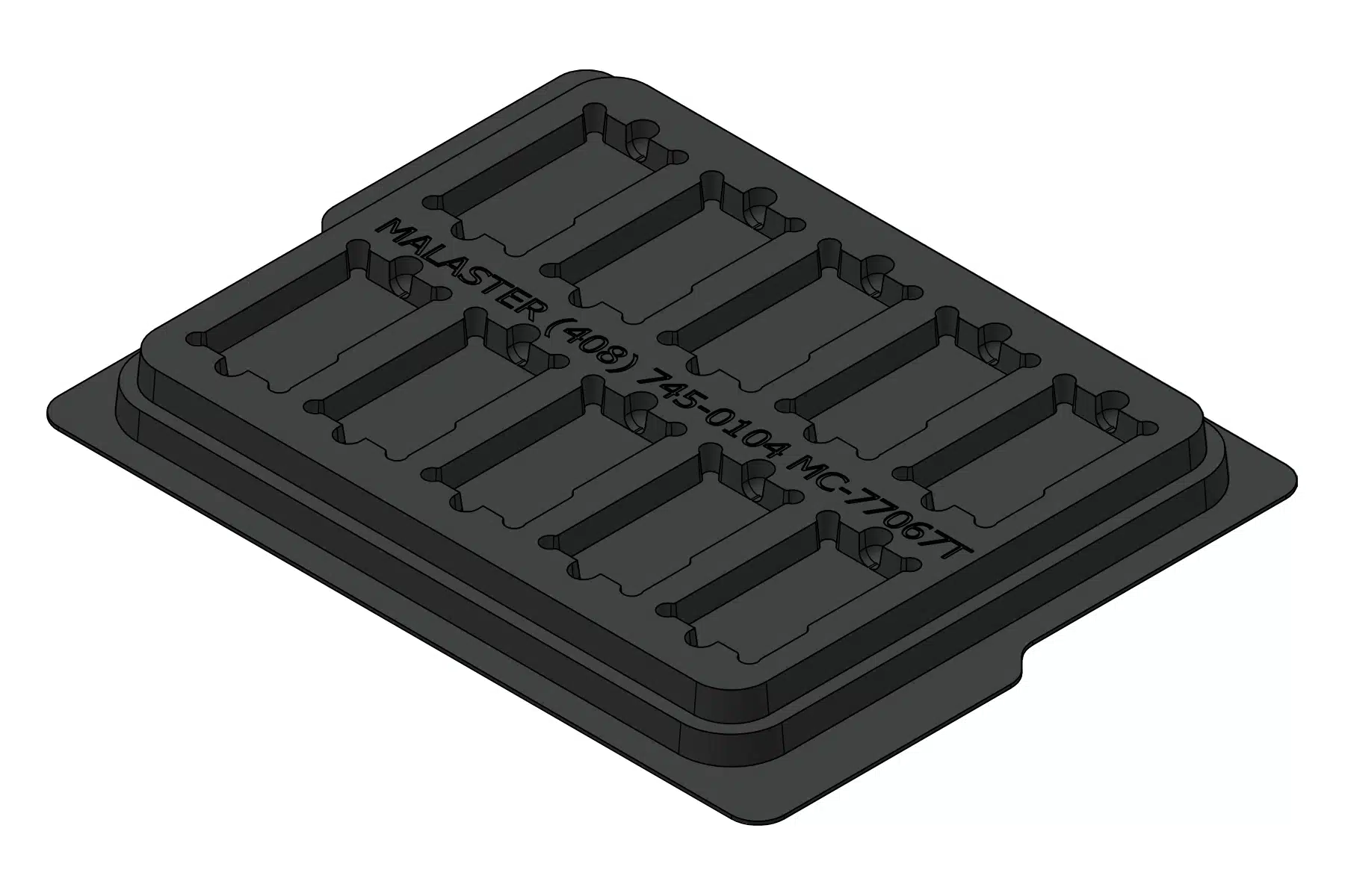 Black rendering of the MC-77067 thermoformed tray showing 10 cavities for rectangular substrates.