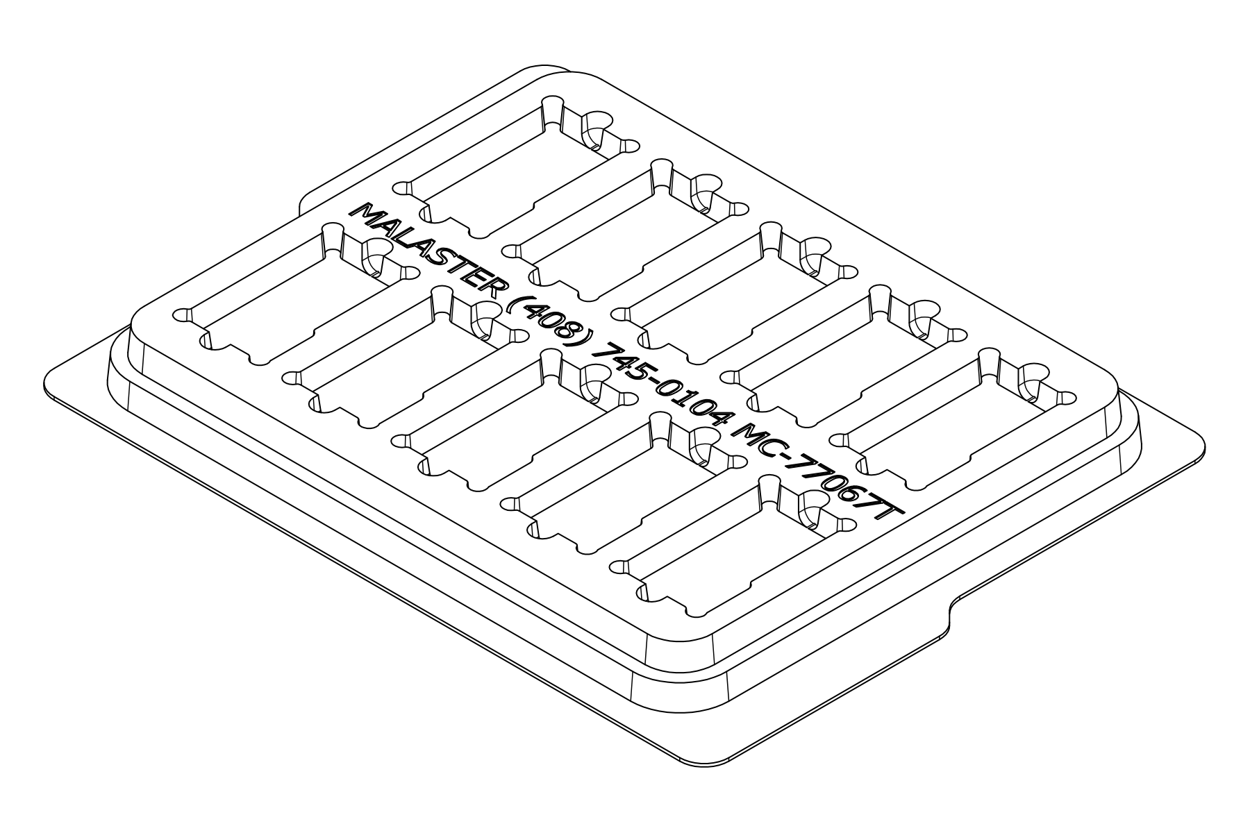 Isometric line drawing of the MC-77067 thermoformed tray showing 10 cavities for rectangular substrates.