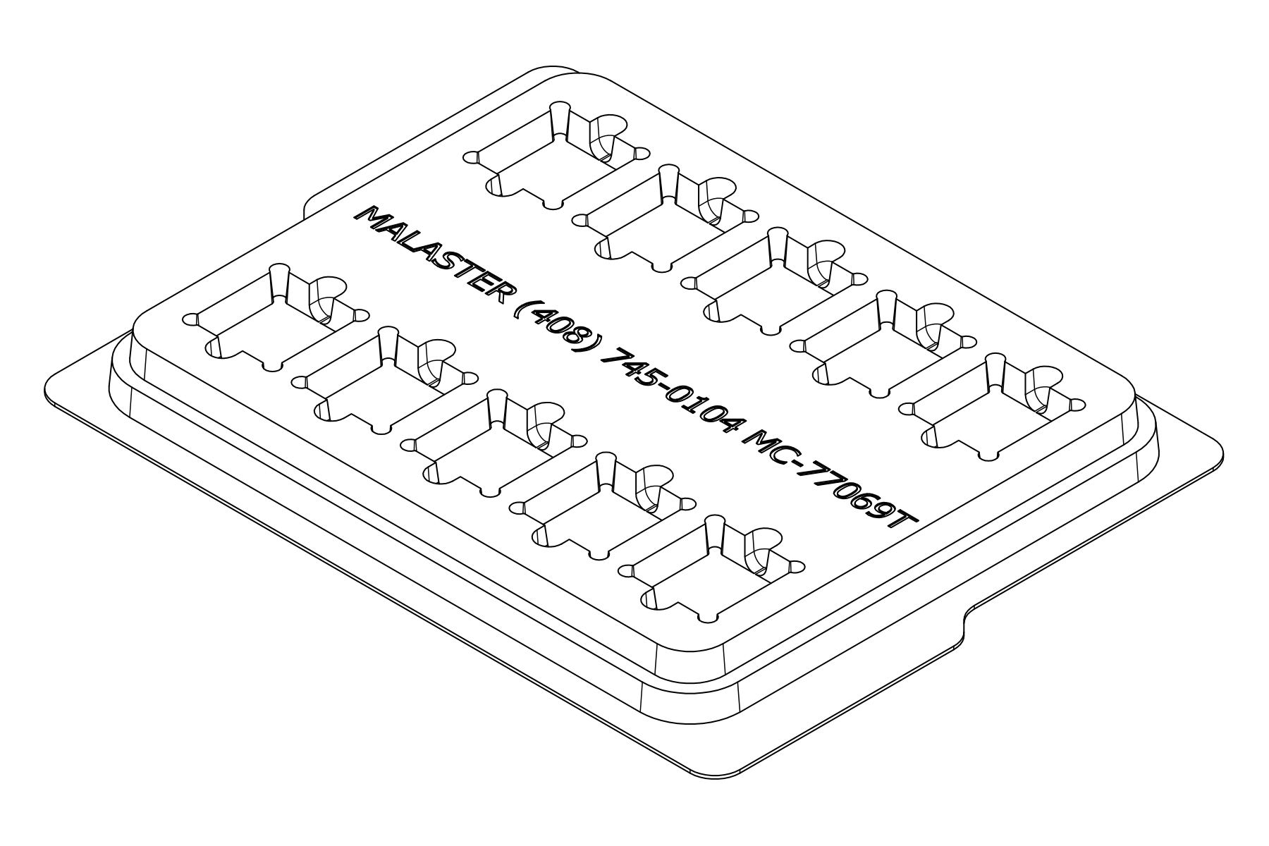 Isometric line drawing of the MC-77069 thermoformed tray showing 10 cavities for compact substrates.