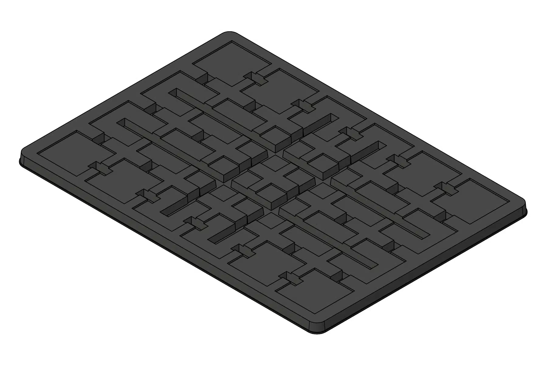 Black rendering of the MC-77080 thermoformed tray showing 24 cavities for 23 mm × 23 mm × 0.8 mm substrates.