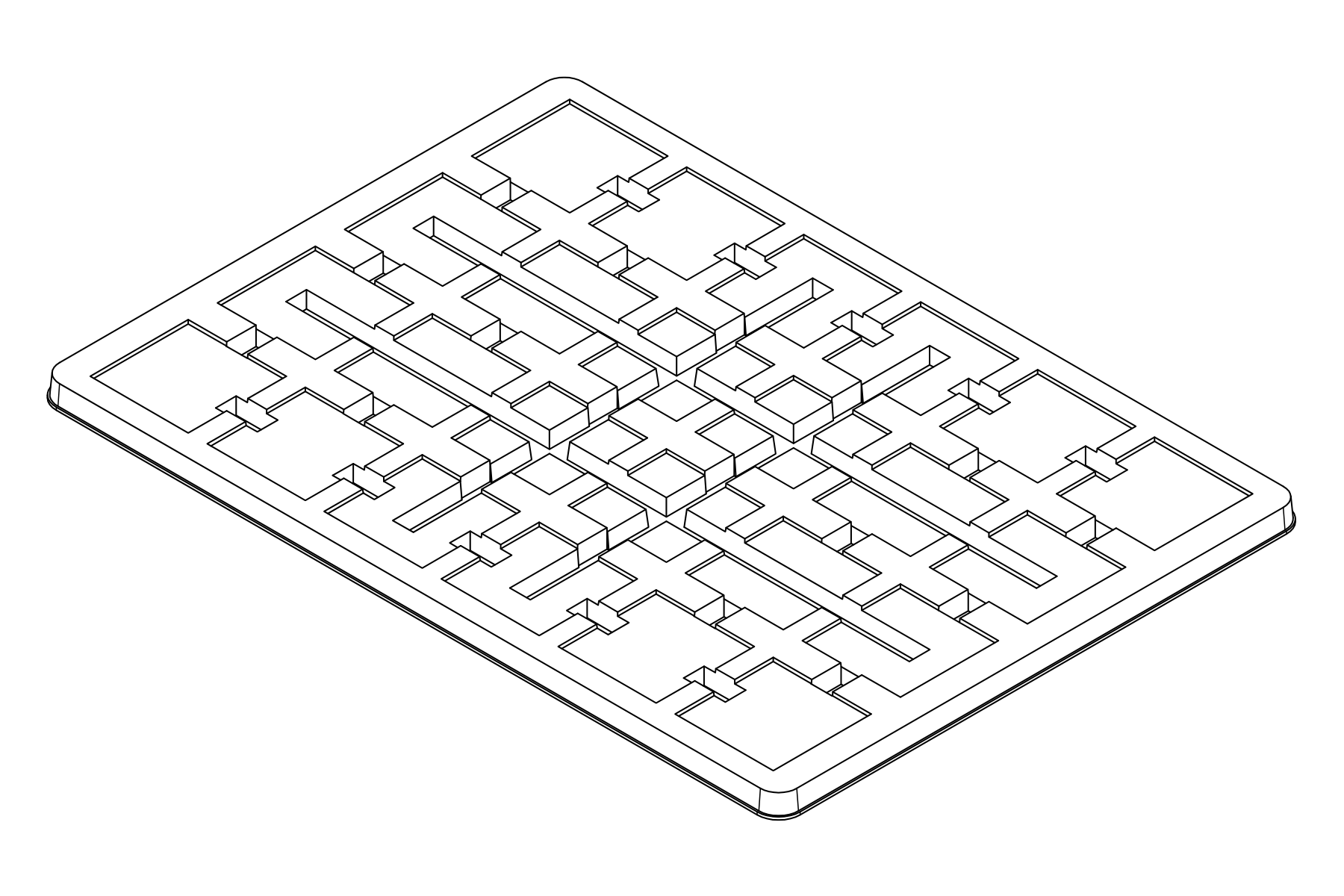 Isometric line drawing of the MC-77080 thermoformed tray showing 24 cavities for 23 mm × 23 mm × 0.8 mm substrates.