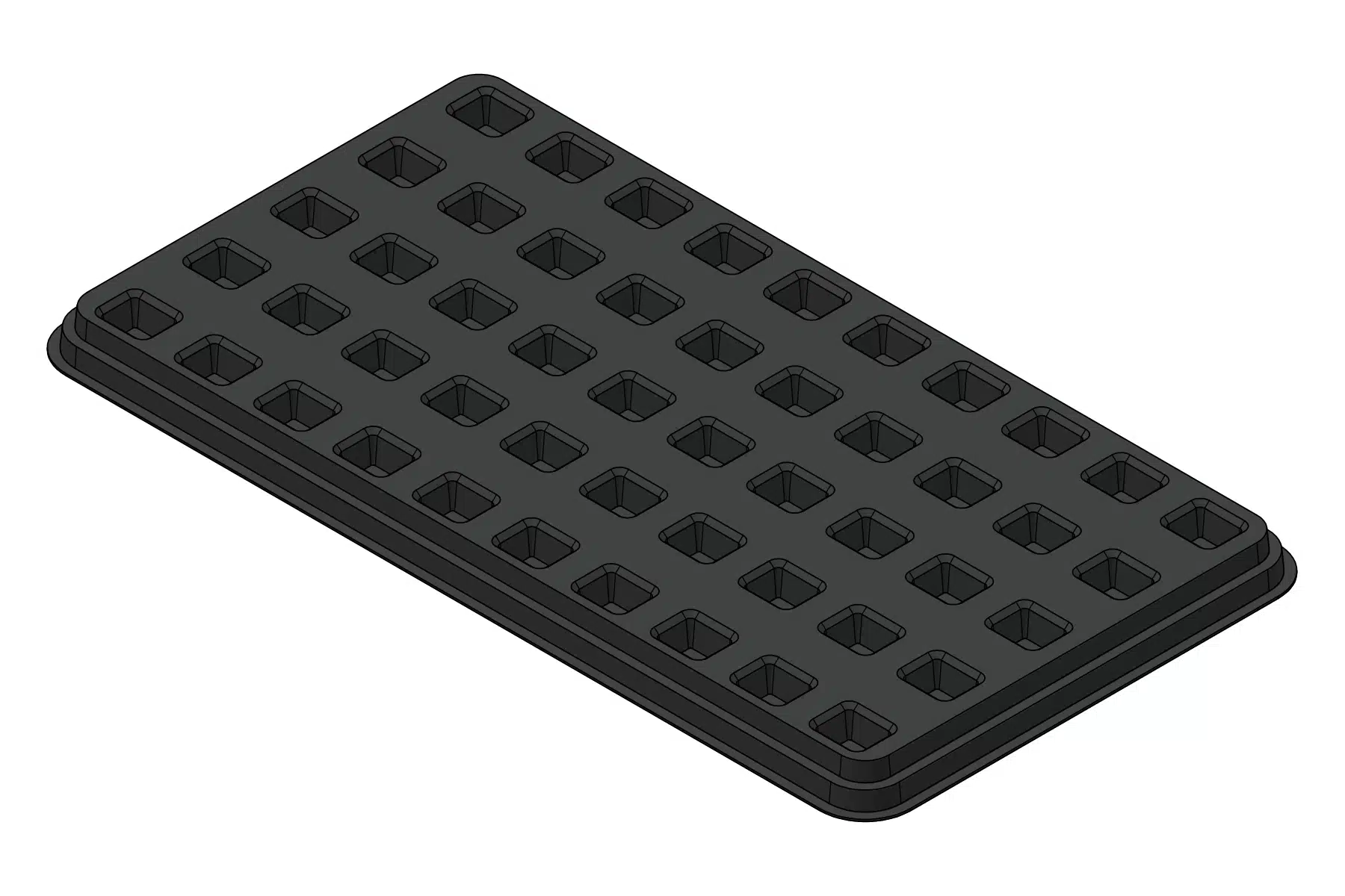 Black rendering of the MC-77083 thermoformed tray showing 50 cavities for small rectangular components.
