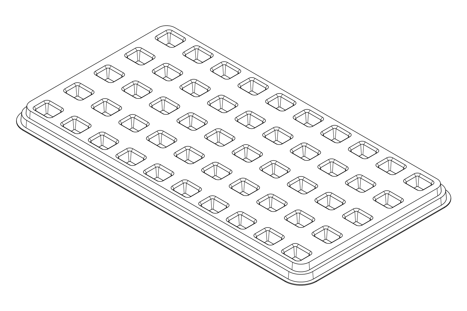 Isometric line drawing of the MC-77083 thermoformed tray showing 50 cavities for small rectangular components.