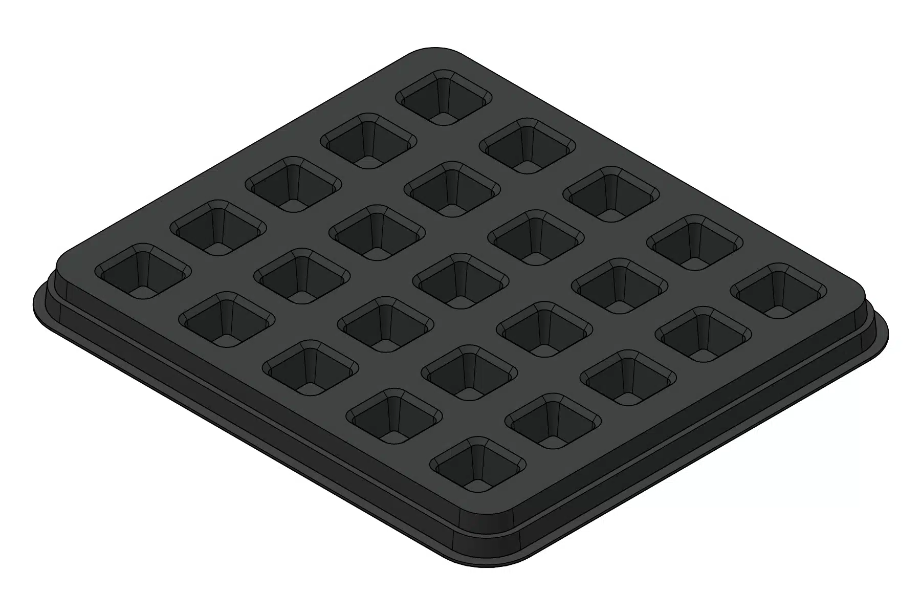 Black rendering of the MC-77088 thermoformed tray showing 25 cavities for small square components.
