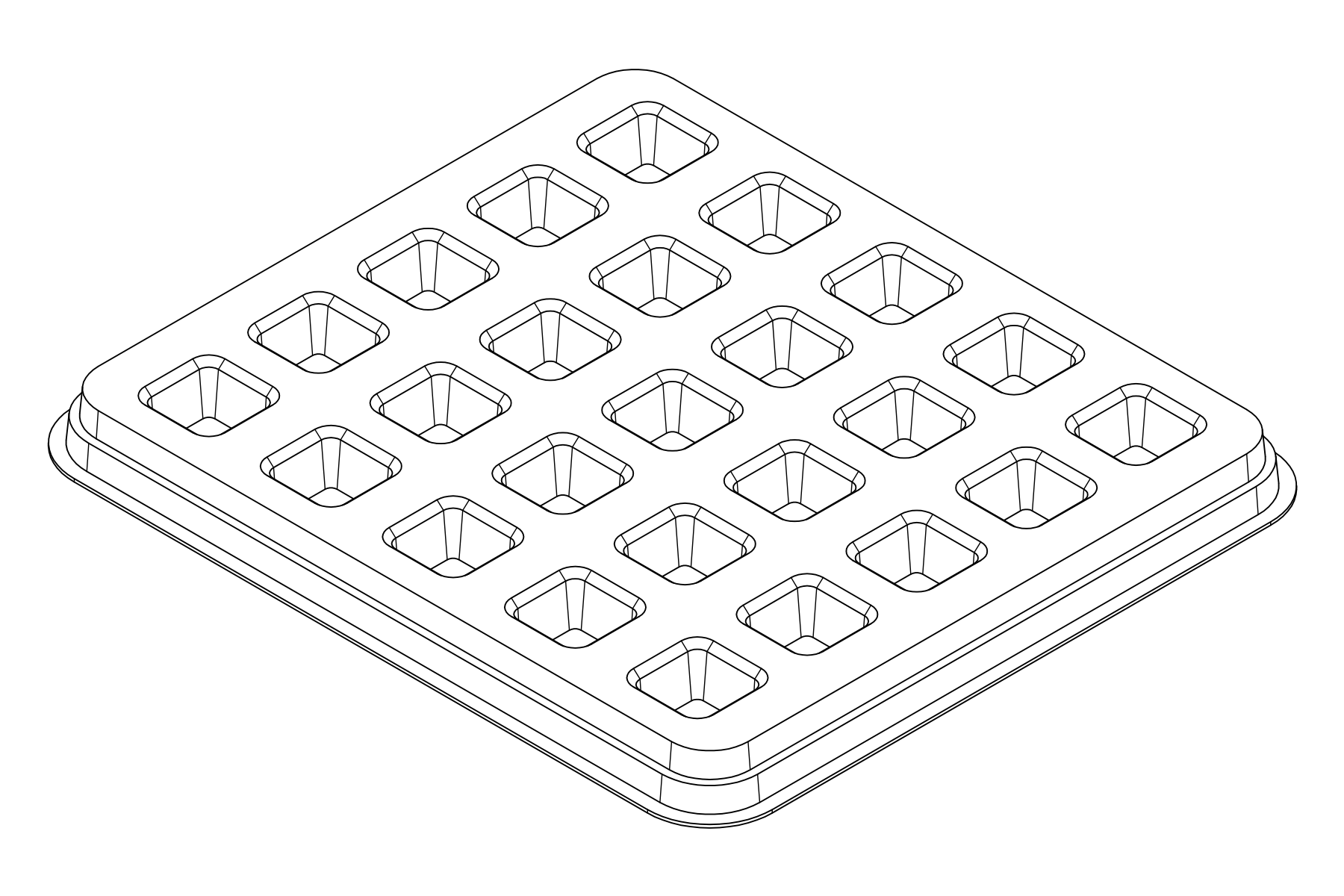 Isometric line drawing of the MC-77088 thermoformed tray showing 25 cavities for small square components.
