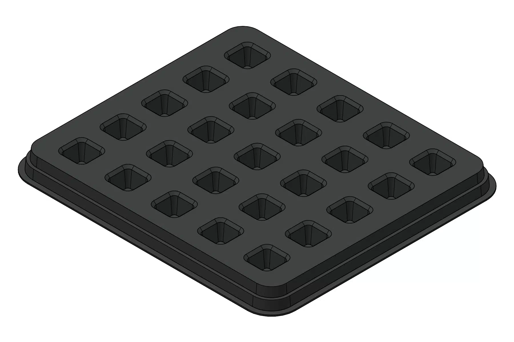 Black rendering of the MC-77089 thermoformed tray showing 25 cavities for small square components.