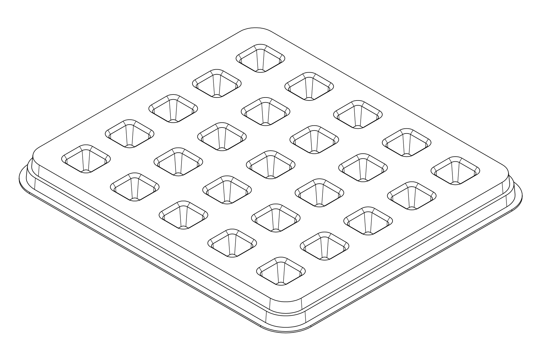 Isometric line drawing of the MC-77089 thermoformed tray showing 25 cavities for small square components.