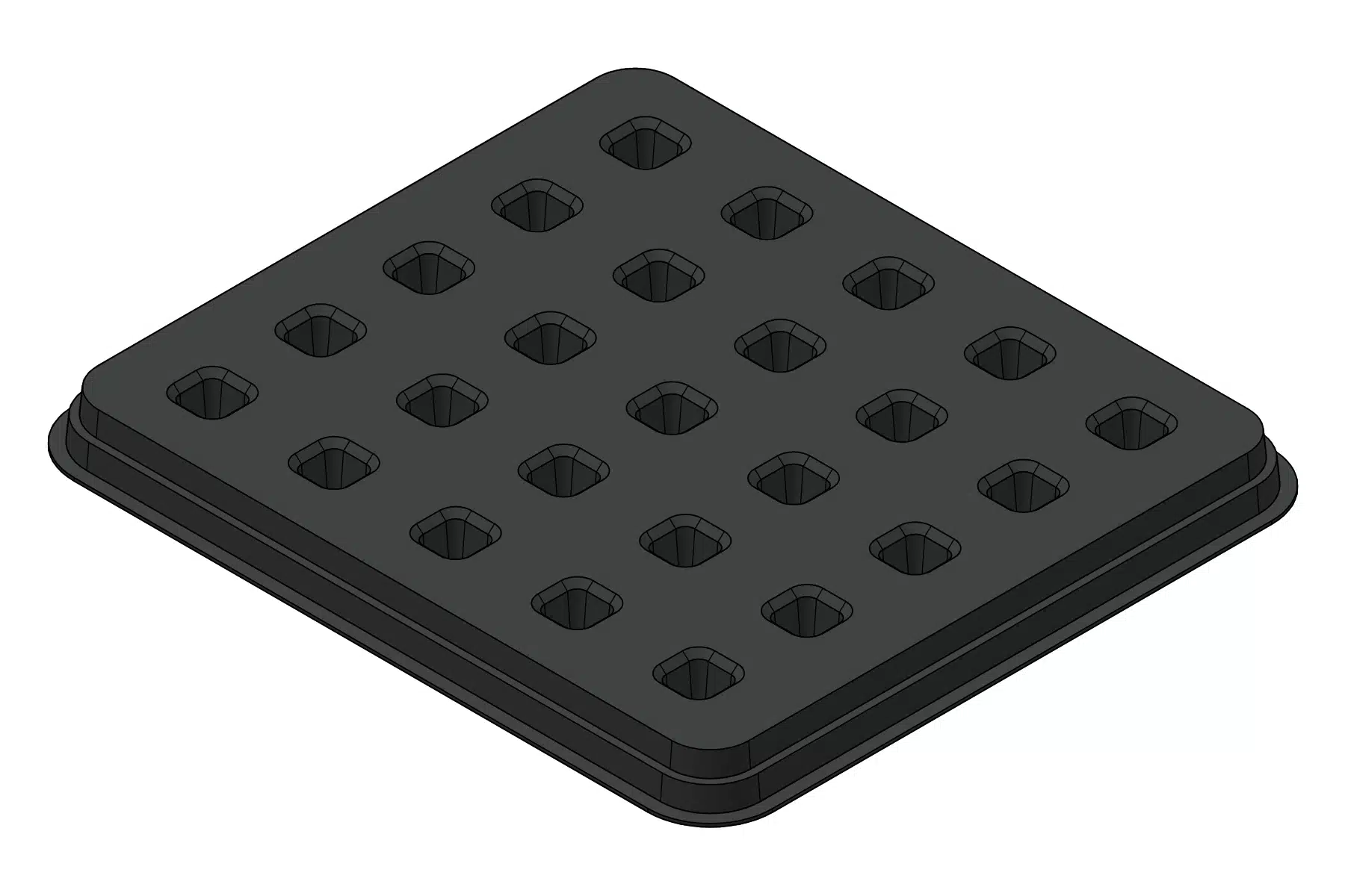 Black rendering of the MC-77090 thermoformed tray showing 25 cavities for miniature square components.