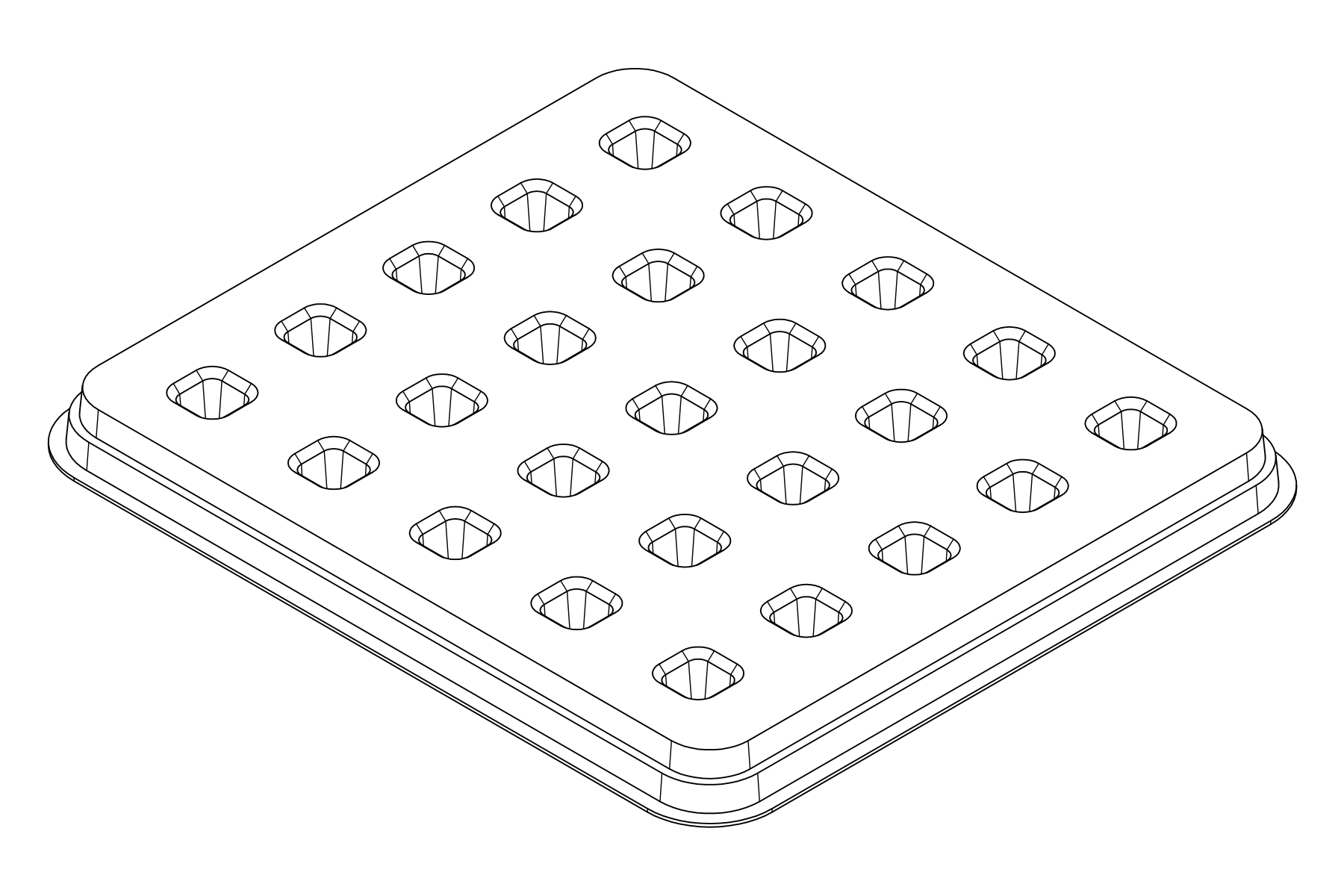 Isometric line drawing of the MC-77090 thermoformed tray showing 25 cavities for miniature square components.