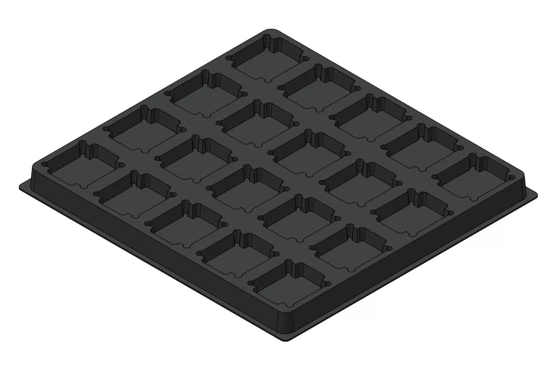 Black rendering of the MC-77092 thermoformed tray showing 20 cavities for components with shaped rectangular outlines.