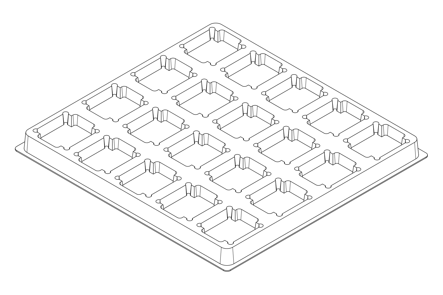 Isometric line drawing of the MC-77092 thermoformed tray showing 20 cavities for components with shaped rectangular outlines.