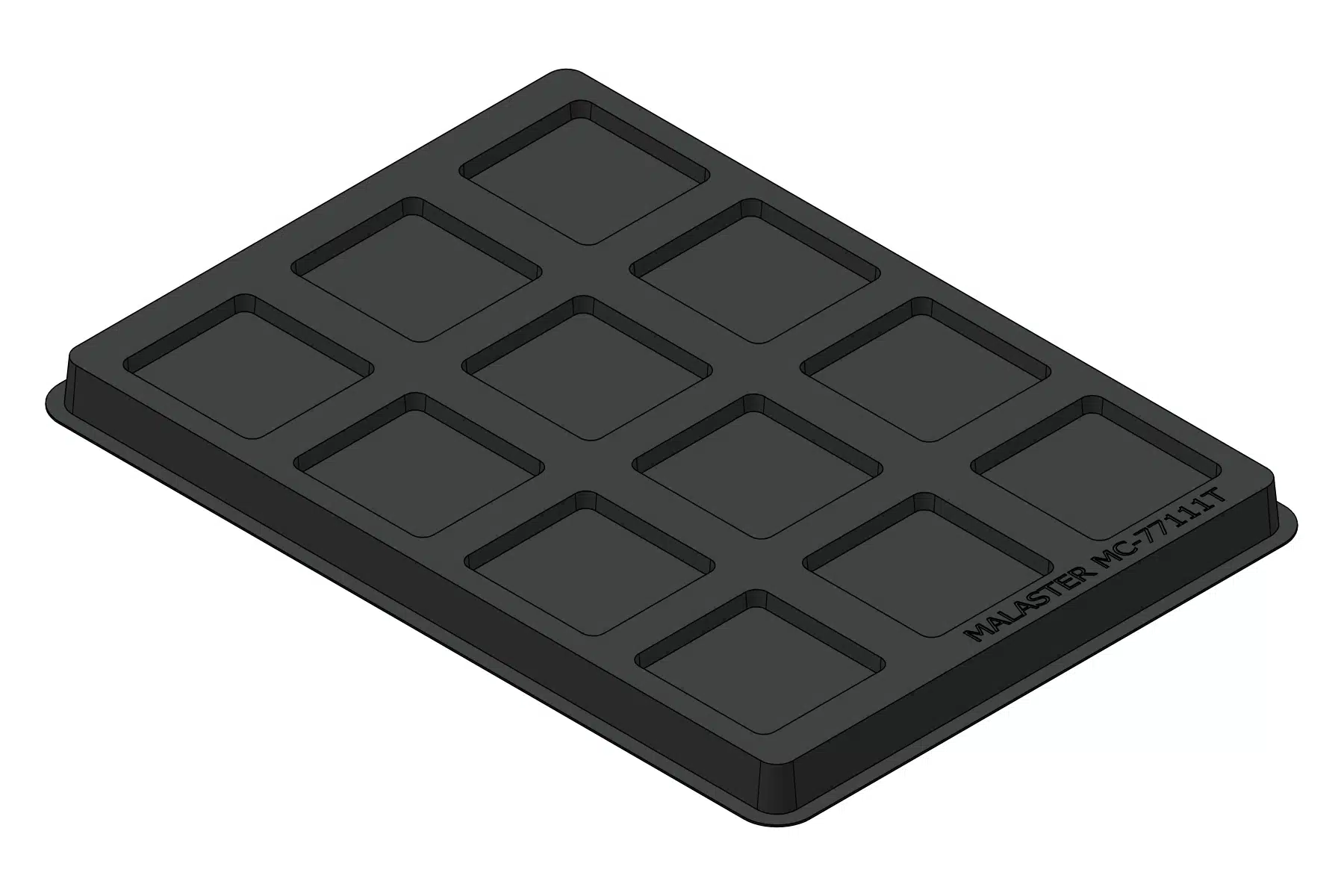 Black rendering of the MC-77111 thermoformed tray showing 12 cavities for sockets and similarly sized components.