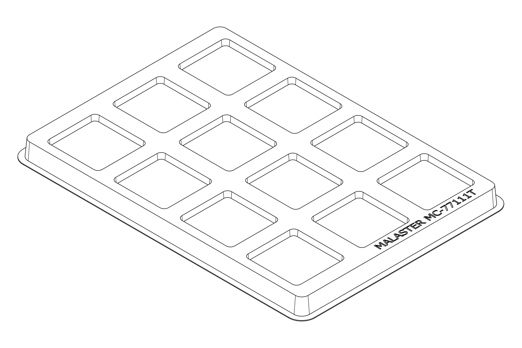 Isometric line drawing of the MC-77111 thermoformed tray showing 12 cavities for sockets and similarly sized components.